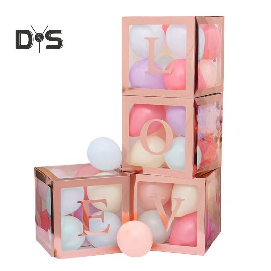 4 Pcs Balloon Box DIY Assembly Transparent Paper Box Balloon Box with Letters Reusable Stackable Cube Decorative Box for Party Wedding Birthday