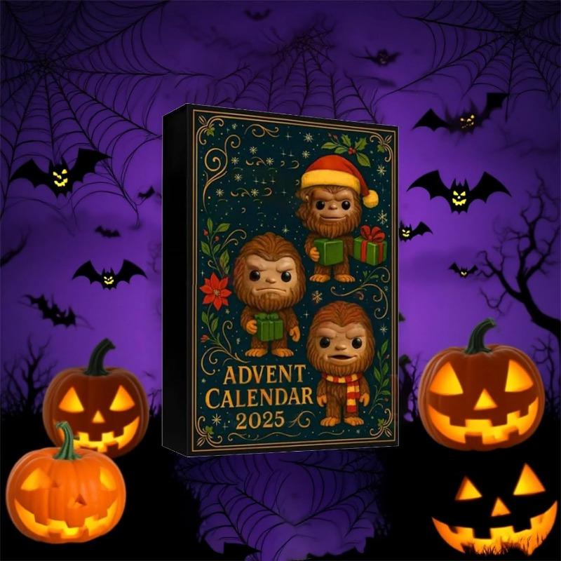 Bigfoot Adventní kalendář 2025, 24 dní svátečních 2D plochých akrylových figurek Bigfoota ve svátečních čepicích a svetrech, vystavitelná sběratelská odpočítávací krabička