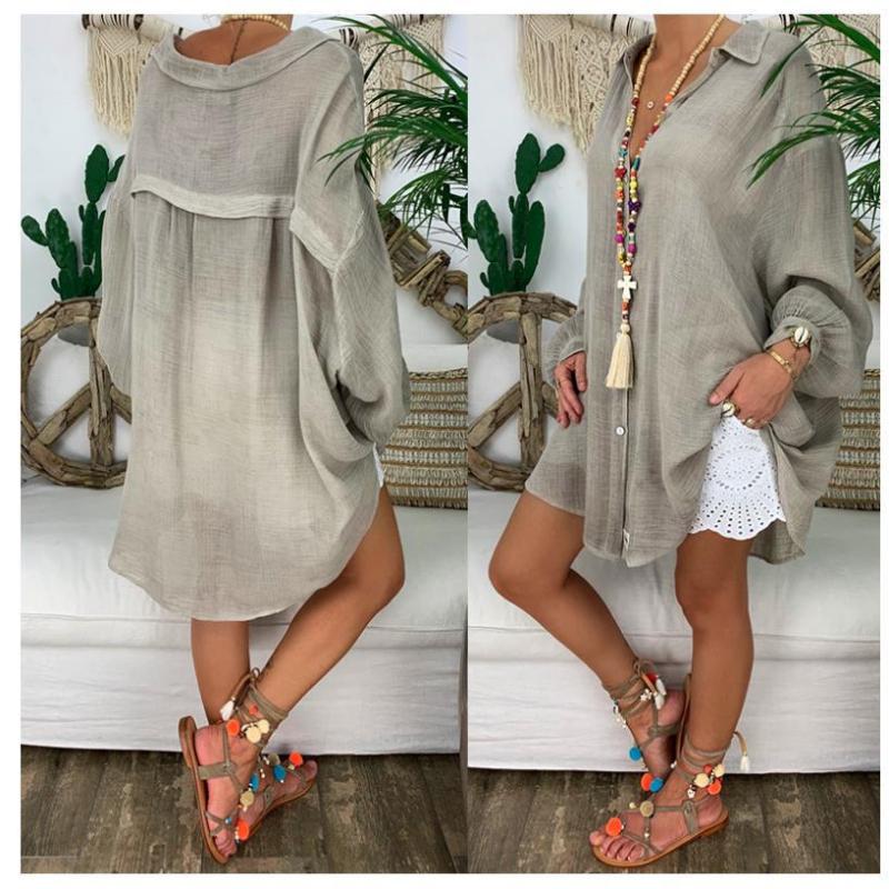 Summer New Cotton and Linen Plus Size Shirts Women Button Up Loose Long Sleeve Casual Women's Blouses Women Tops Simple Lapel Office Lady Shirts 26457