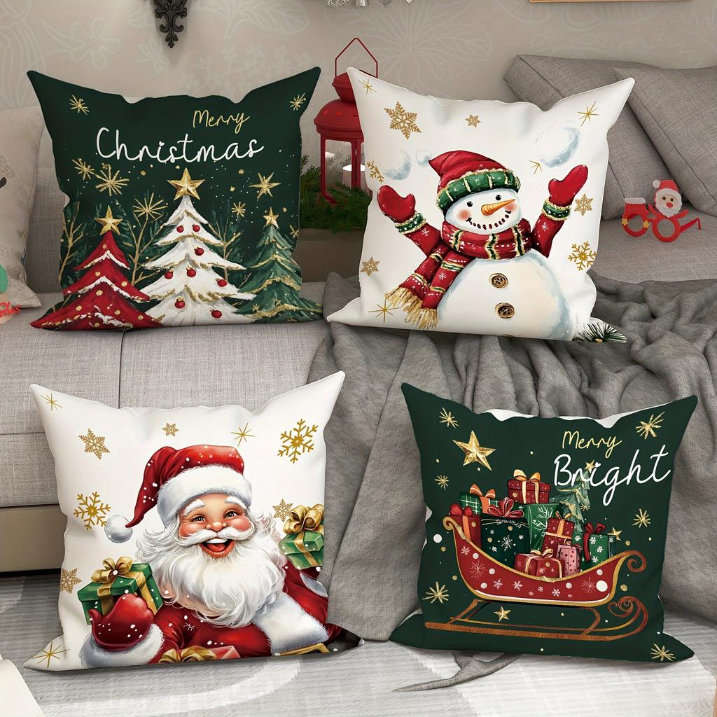 Christmas Decoration Pillowcase Santa Claus Carriage Snowman Christmas Tree Pattern Suitable for Home Room Sofa Cushion Cover