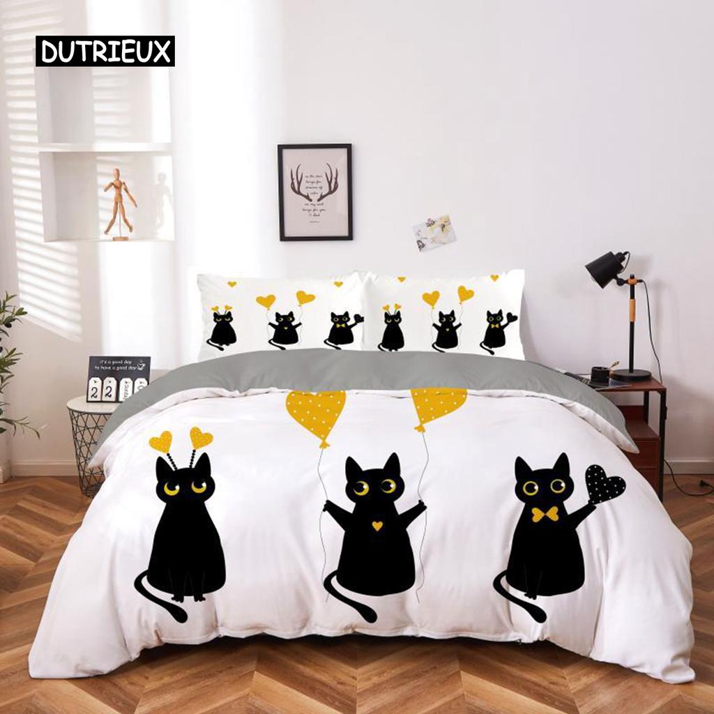 Cartoon Katze Bettbezug Set Mikrofaser Schwarzes Kätzchen Gelbes Liebesherz Muster Bettwäsche Set 2/3-teilig Queen King Size Bettdeckenbezug