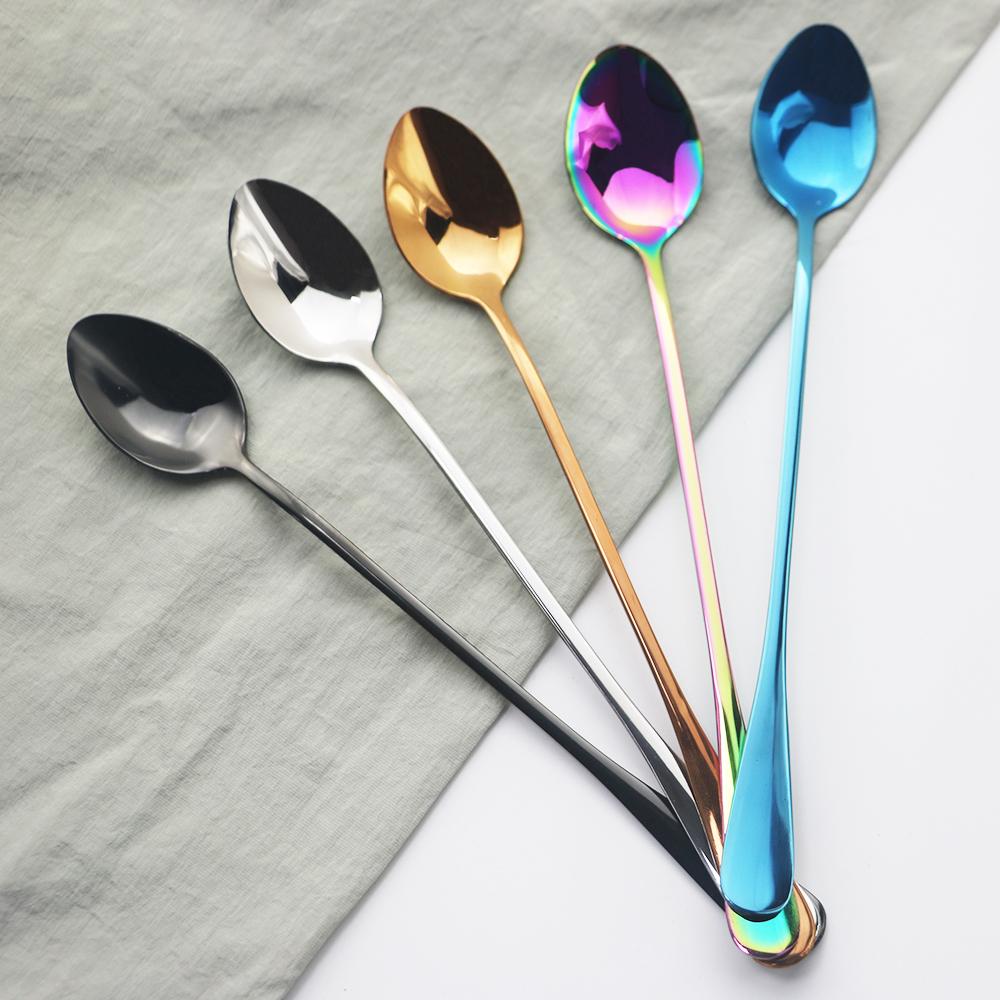 4Pc Black Long Handle Spoon Cutlery Set Stainless Steel Dinnerware Dessert Ice Cream Coffee Spoon Stirring Spoon Party Tableware