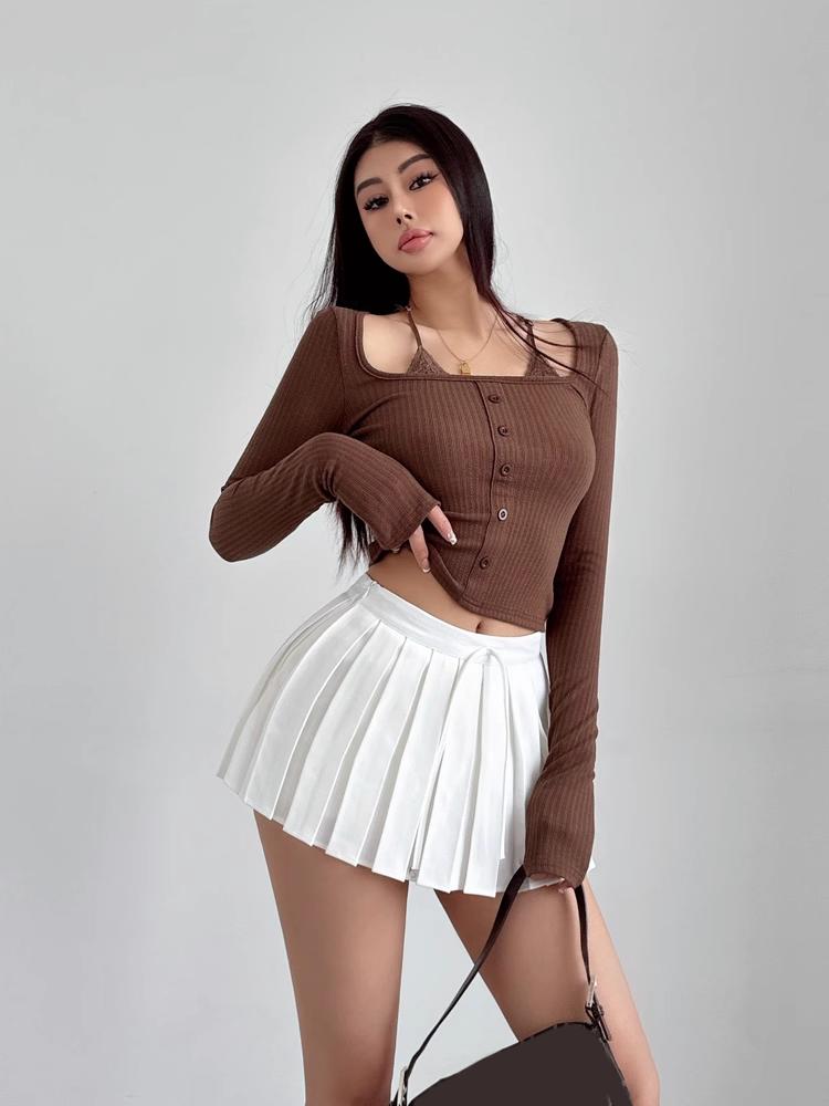 Šedá skládaná sukně Dámské Šněrovací Léto Preppy Styl Nízký pas Y2K Mini Krátké sukně Culottes Bílé