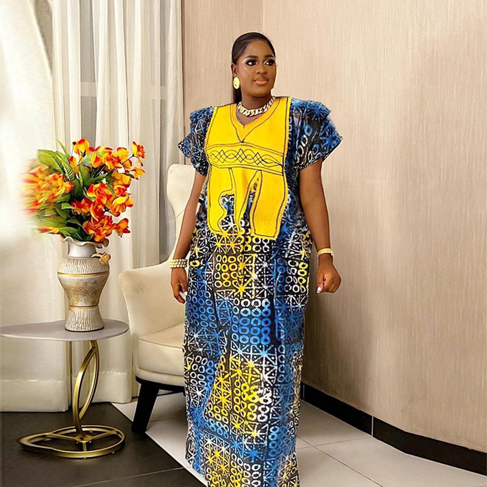 African Plus Size Embroidered Print Long Dress for Women