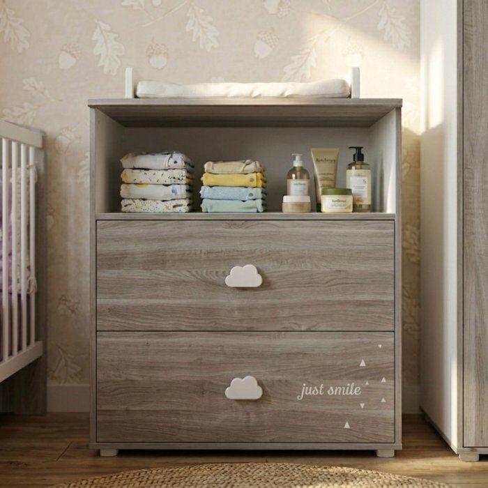 Commode à langer - Babyprice - Smile - Chêne silex - 2 tiroirs - 1 niche - En bois - Blanc