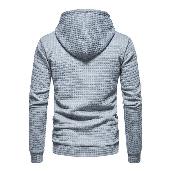 Long Sleeves Drawstring Pocket Waffle Fabric Men Sweatshirt Spring Autumn Plaid Quilting Solid Color Hoodie