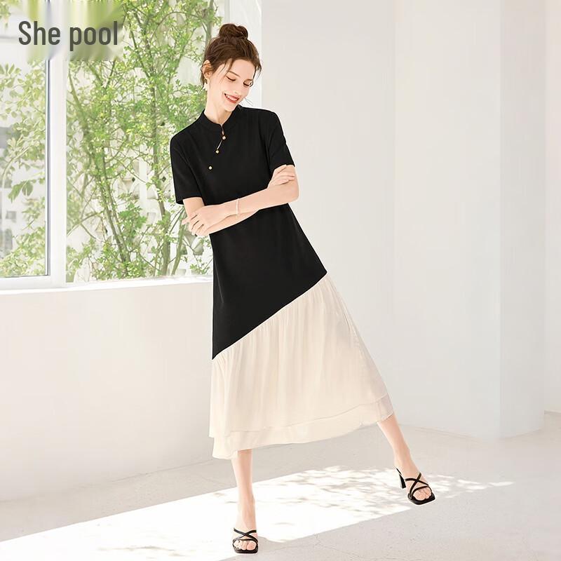 New Chinese Style Stand Collar Color Block Midi Dress M