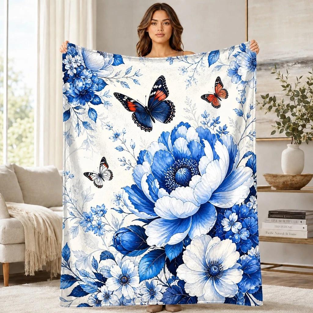 Blue Watercolor Floral Butterflies Coral Fleece Blanket
