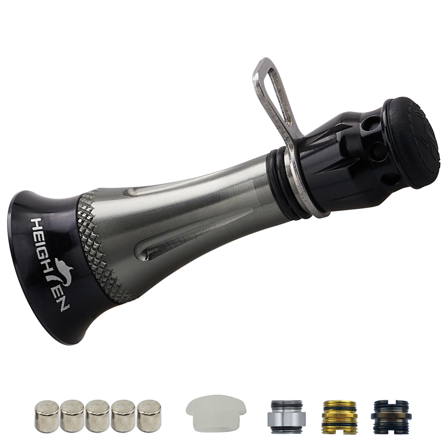 

HEIGHTEN 48mm Reel Stand (Improved) for Abu Garcia Spinning Reels, Custom Balancer, Luminous Hook Keeper, and Line Stopper (Gunmetal & Black) (641)