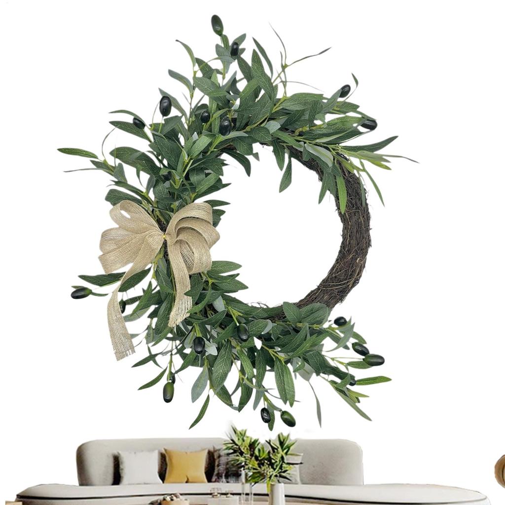 Summer Wreath Olive Leaves UV Resistant Bow Artificial Door Wreath Spring Decor Rustic Realistic Olive Leaves Indoor Outdoor