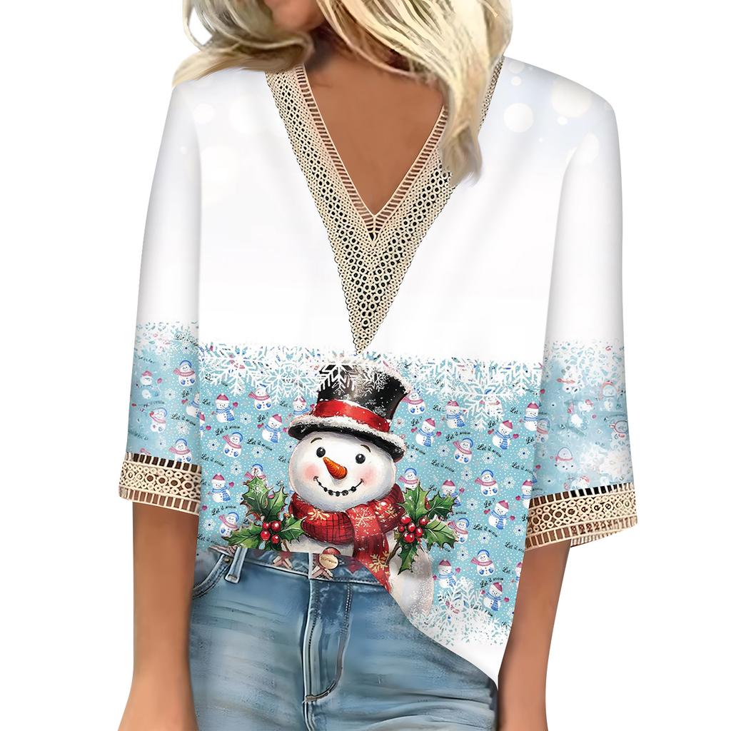 Women's Loose Casual Three-quarter Sleeve V-neck Lace Loose Christmas Print T-shirt Top