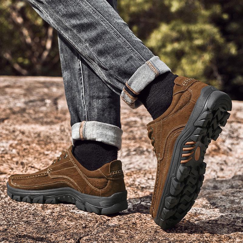 Men's Large Size Genuine Leather Outdoor Mountaineering Shoes - Breathable, Non-slip, Wear-resistant with Thick Sole.