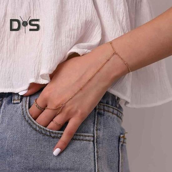 Dámský náramek Prsten Integrovaný slitinový Retro řetízkový náramek Prsten s dutým řetízkem Prsten otrocký náramek Boho Beach Jewelry Dárek