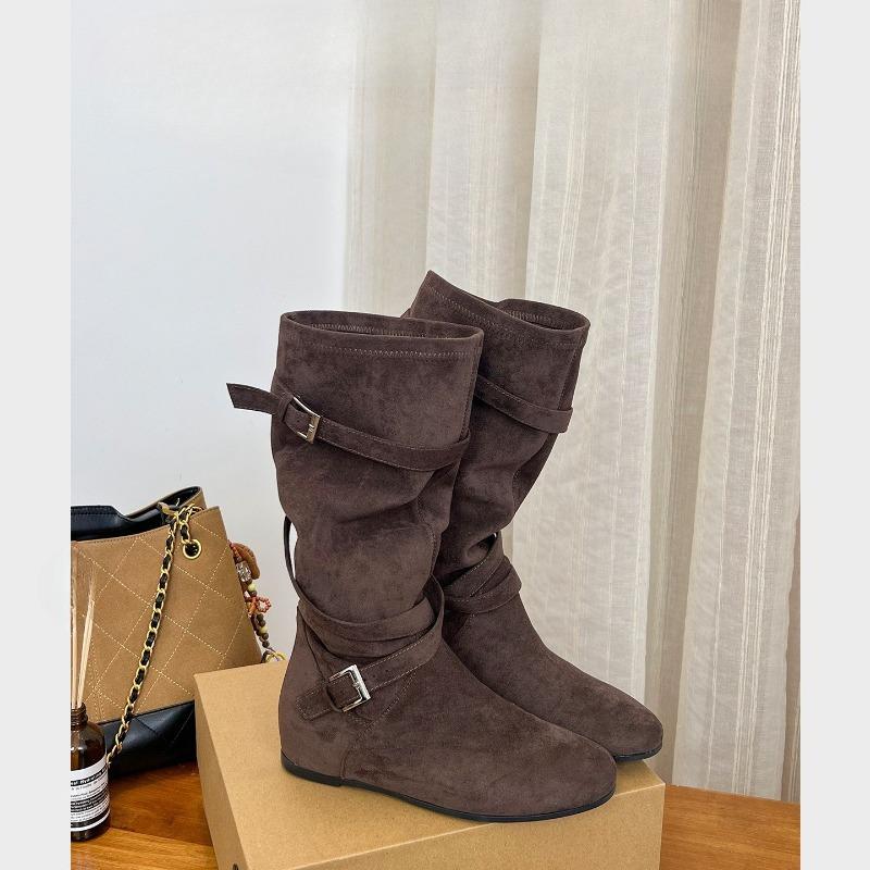 New Women's Autumn and Winter Height-increasing Shoes, Pleated Shoes, Round-toed Buckle Mid-calf Boots