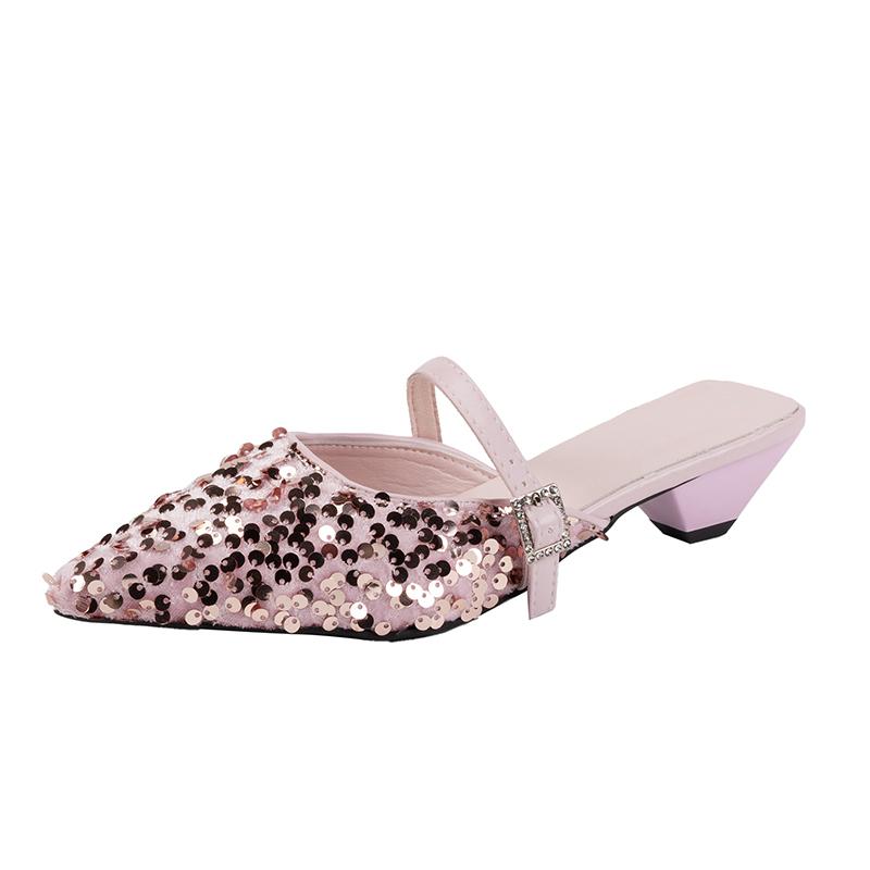 Pointed Sequin Cloth Mesh Breathable Metal Buckle with Non-slip Low Heel Sandals Spring New Bao Toe Slippers