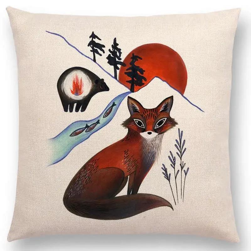 Retro Mystery Watercolor Art Totem Sofa Pillow Case Animals Deer Bear Bird Fish Fox Owl Snake Rabbit Heron Bee Cushion Cover
