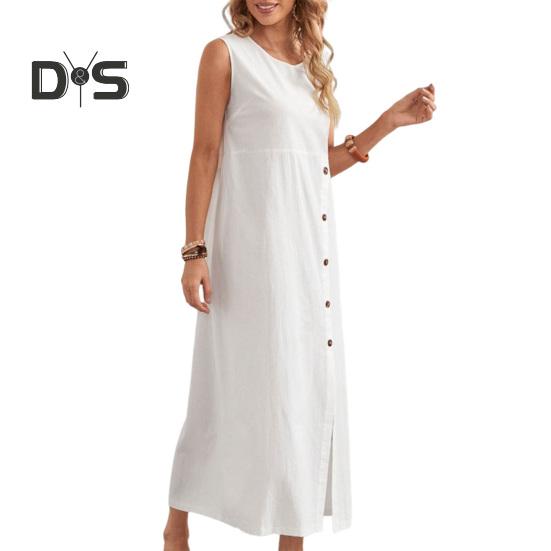 

Женское хлопковое льняное платье-майка, повседневное платье макси без рукавов, на пуговицах, с круглым вырезом, летнее свободное пляжное платье-сарафан с разрезом S белый
