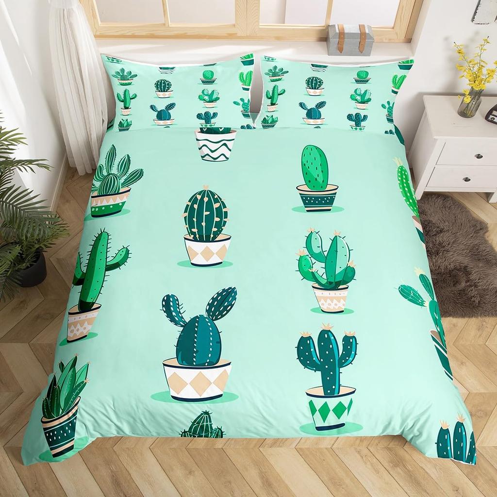 Tropical Botanical Bedding Set Bulbous Cactus Sketch Drawing Comforter Cover Cute Desert Plants Duvet Cover Flower Quilt Cover