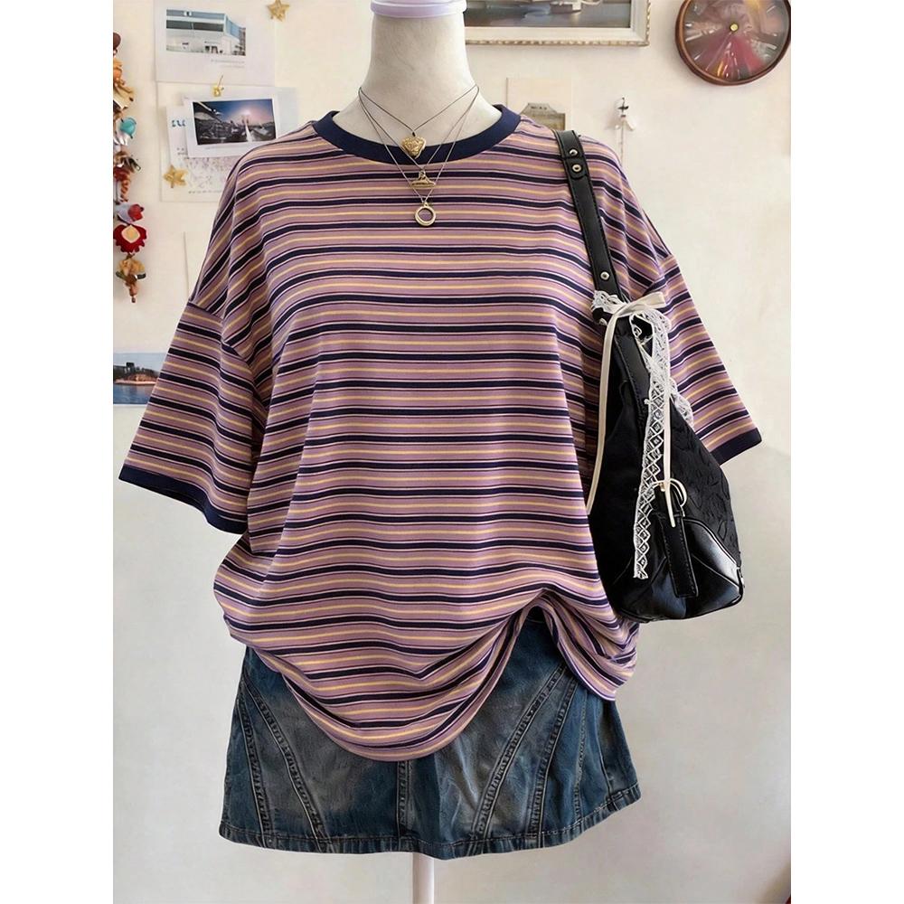New Y2K Striped Digital Print Casual Oversized Mid-Length Round Neck Drop Shoulder Women Tshirt Street Fashion Casual Sports Top