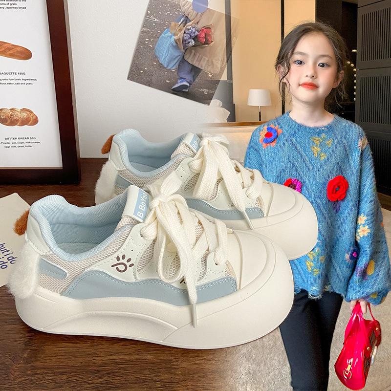 Kids Paw Decor Plush Tail Color Block Thick Sole Casual Lace Up Sneakers 28 синий