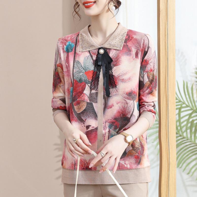 Early autumn fashion grandma top medium mother autumn new long-sleeved sweater thin middle-aged and elderly knitted sweater women