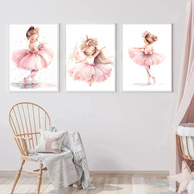 Pink Ballerina Girl Unicorn Butterfly Poster Kids Room Decorative Canvas Posters Nursery Wall Art Poster Baby Bedroom Decor