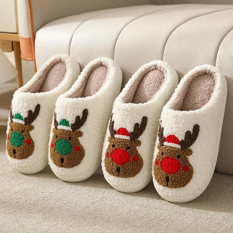 

New Christmas Elk Cotton Slippers For Men Women Halloween Mask Home Slip Resistant Couples Indoor Plush Cotton Shoes In Winter 36-37(fit 35-36) зелёный