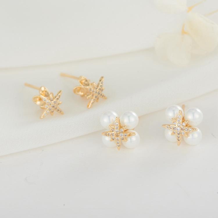 

S925 Silver Eight-Pointed Star Pearl and Diamond Earrings for Women