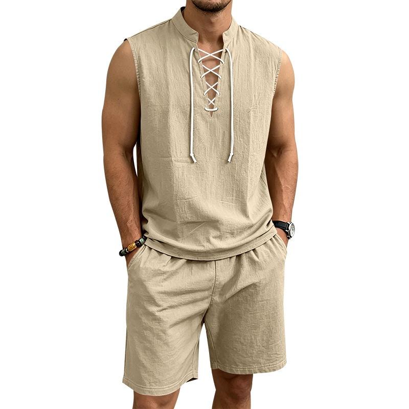 Men Solid Linen 2 Piece Outfit Mandarin Collar Lace Up Sleeveless Tank Drawstring Shorts Beach Set