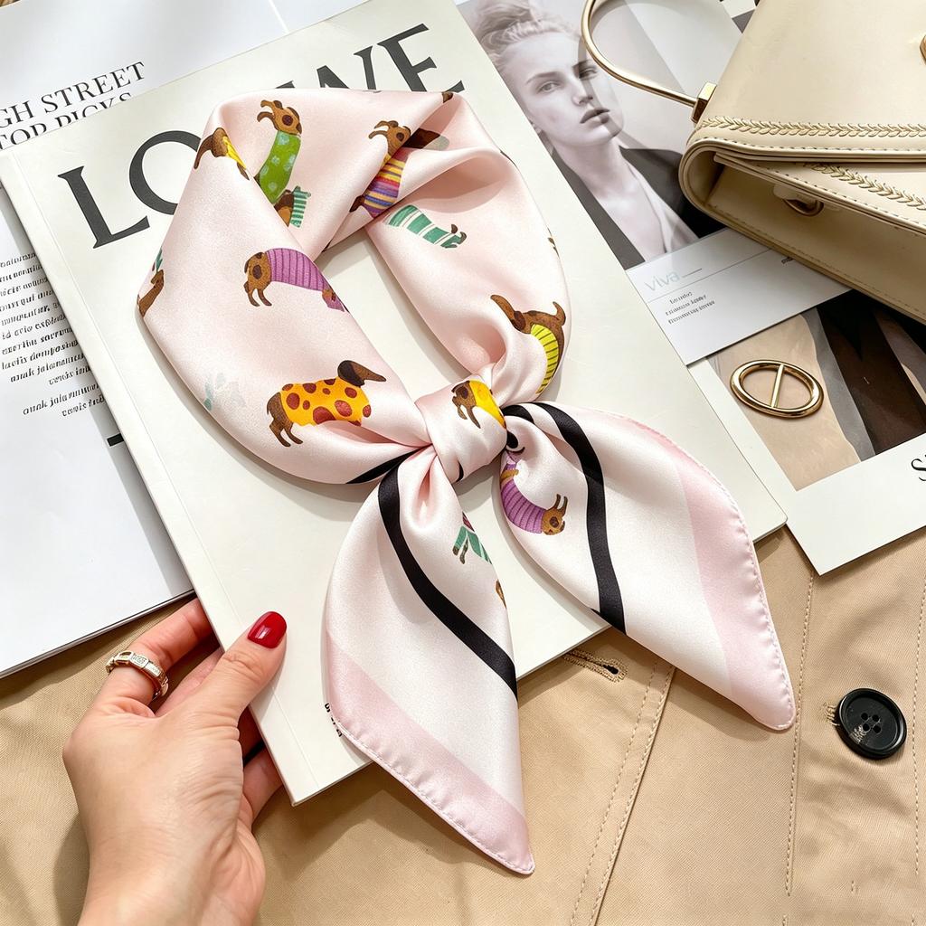 Commuter elegant flower silk scarf women's contrasting color retro printing satin scarf shirt with multi-purpose decorative small scarf