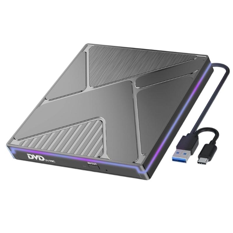 External Disc Drive with Color Lighting USB3.0 and Type C Port Fast Speed 24X Burning Reader Wide Compatibility 1