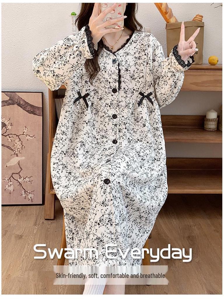 Umstandspajamakleid aus Luftbaumwolle für Herbst/Winter - Übergröße für pränatale, Krankenhaus- und postpartale/Stillzeit-Nutzung