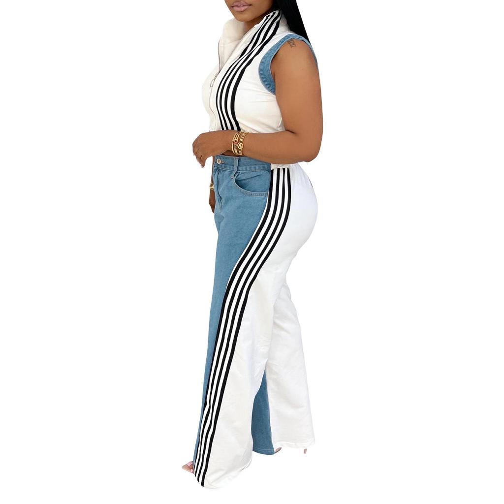 European and American Women's Sleeveless Patchwork Striped Jeans Two-piece Set - Summer Collection