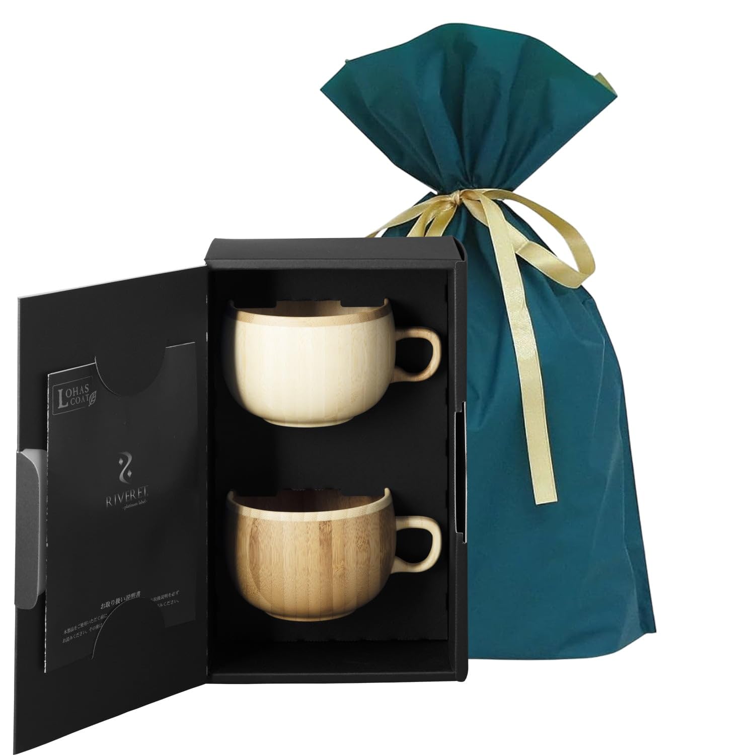 

[Set] 2-Piece Set (RIVERET Coffee Cups, 250ml, Bamboo, Dishwasher Safe, White/Brown, RV-206WB, Pair, with Ribbon Gift Bag)