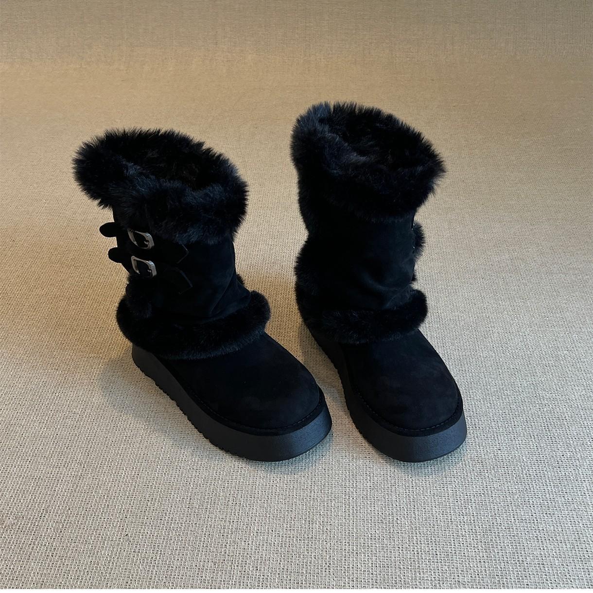 Retro Fleece Lined Thickened Fur Snow Boots Women s Round Toe Thick Heel Warm Northeast Short Boots Winter Warmth Rubber Sole 35