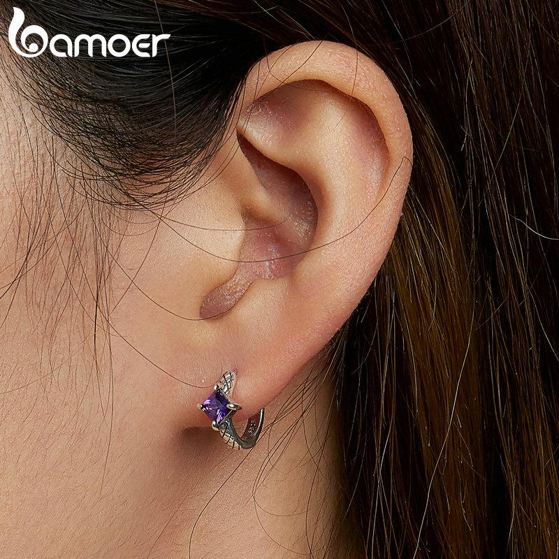 BAMOER 925 Sterling Silver Purple Zirconium Snake Pattern Ear Buckles for Women Fine Jewelry Luxury Brand Earrings Gift