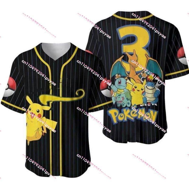 Summer New Cartoon 3D Pikachu Print Men s and Women s Plus Size Loose, Breathable, Fast Drying Sports V-neck Short Sleeved Shirt S