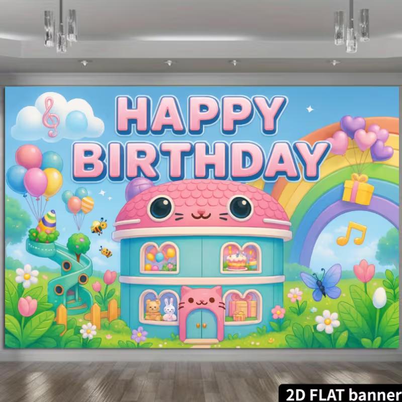2D Cartoon Cat House Backdrop, Colorful Birthday Background with Music Notes for Baby Shower & Kids Events