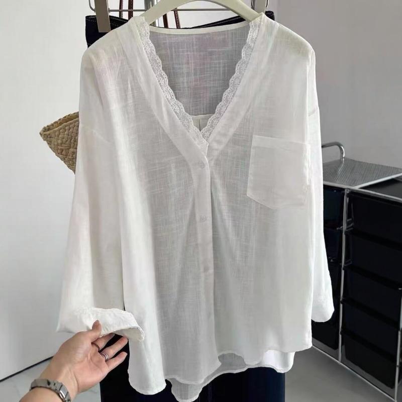 Women White Lace Patchwork Loose Long Sleeve Cotton Linen Casual Blouse Shirt S белый