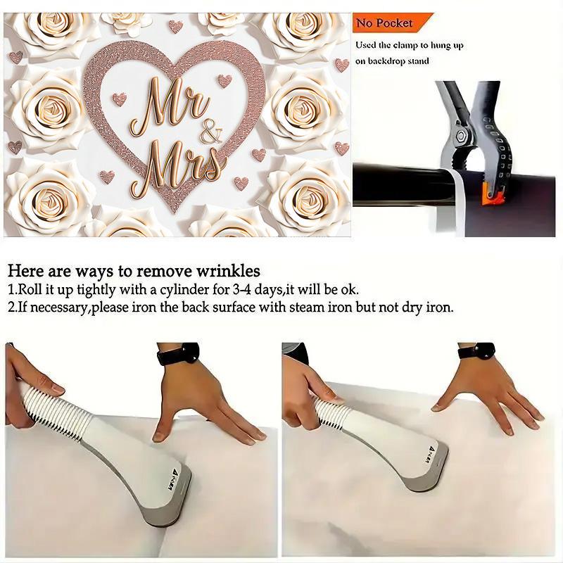 1pc Mr & Mrs Wedding Backdrop with Heart&White Roses,Party Banner for Weddings,Romantic Photo Background Decor,Wall Decor,Reusable Supplies