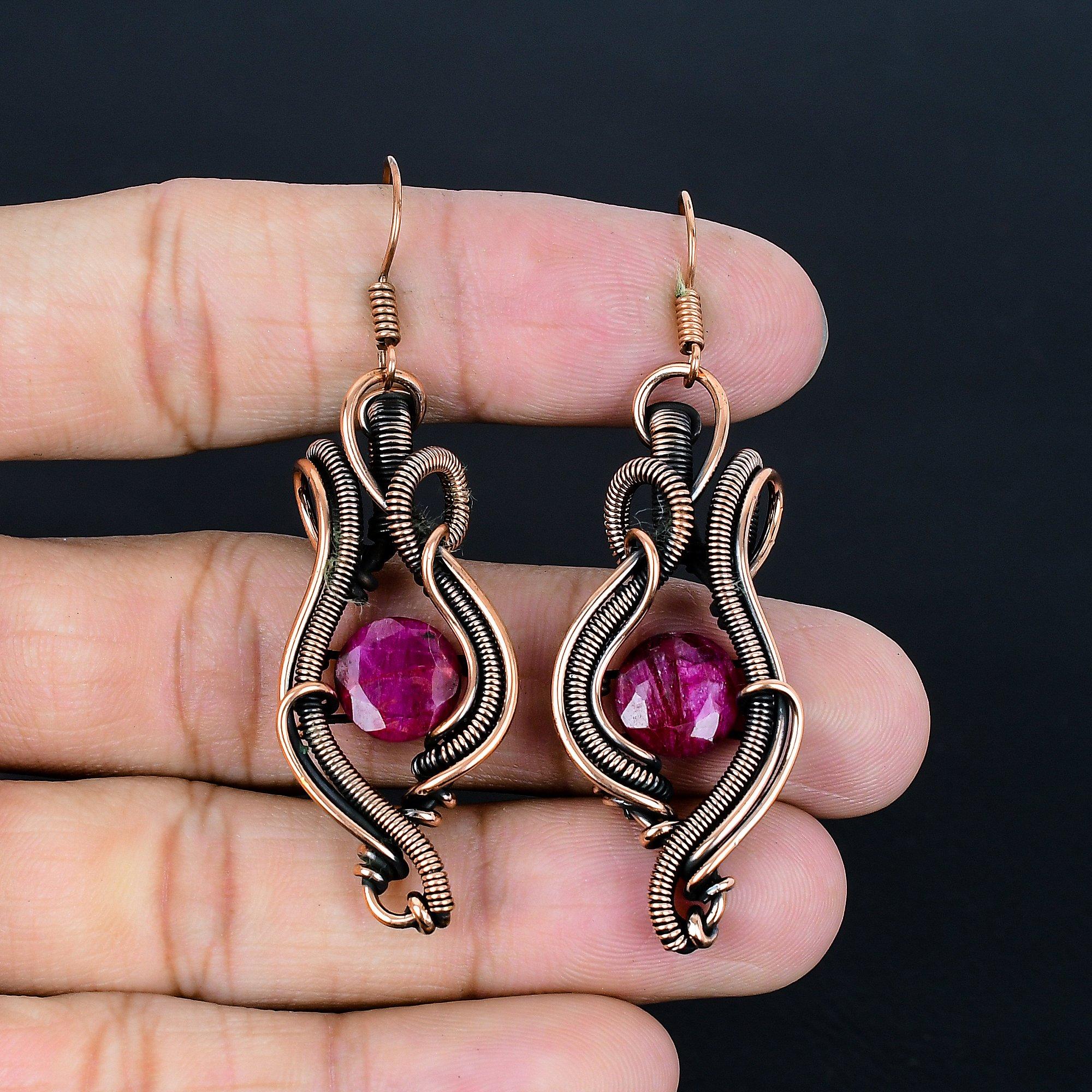 

Серьги из медной проволоки 999 пробы с рубином, ювелирные изделия с драгоценными камнями ручной работы, подарки для жены, совершенно новые серьги розовый