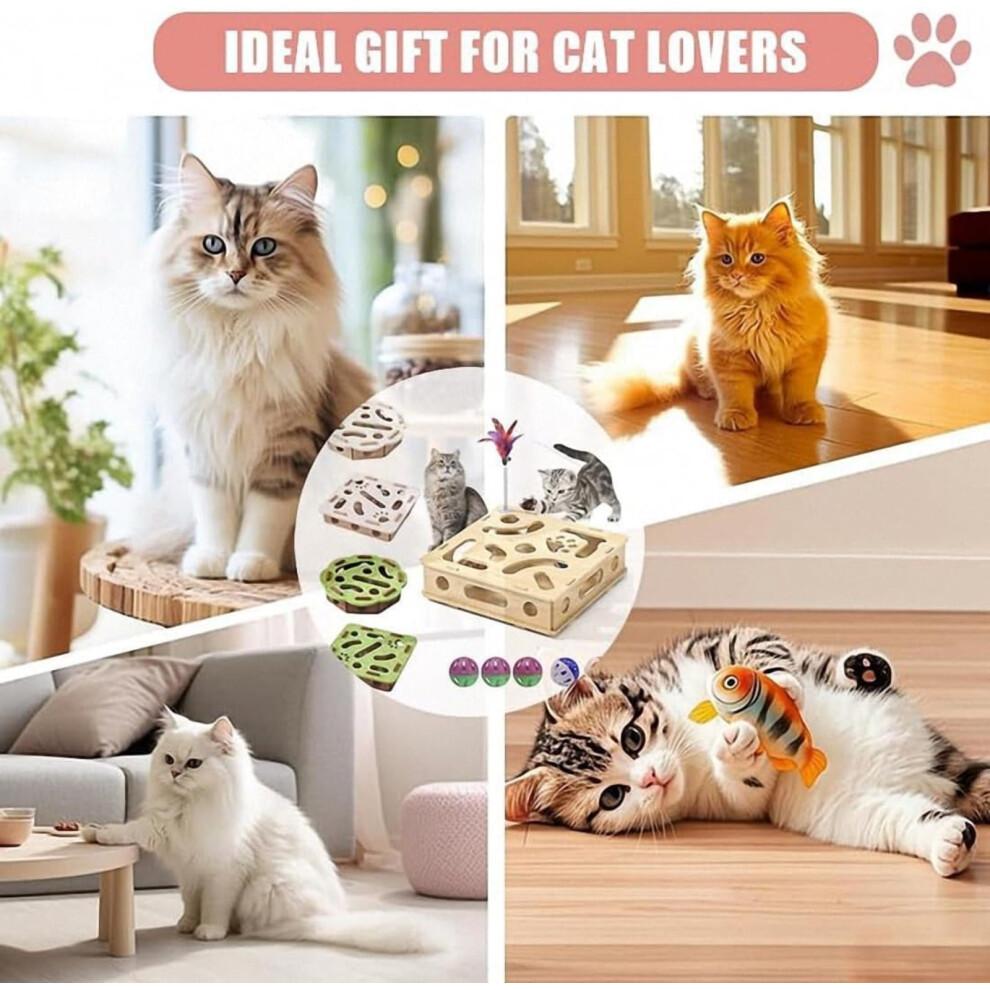 Interactive Wooden Cat Puzzle Toy with Ball & Bell – Indoor Hunting Play Toy Compatible with Cats & Kittens