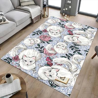 1 Stück Katze Blume Rutschfeste Bodenteppich, Büro, Familie, Schlafzimmer, Studio - Großer Teppich, Lebendige Farben, Langlebiges Material-X409
