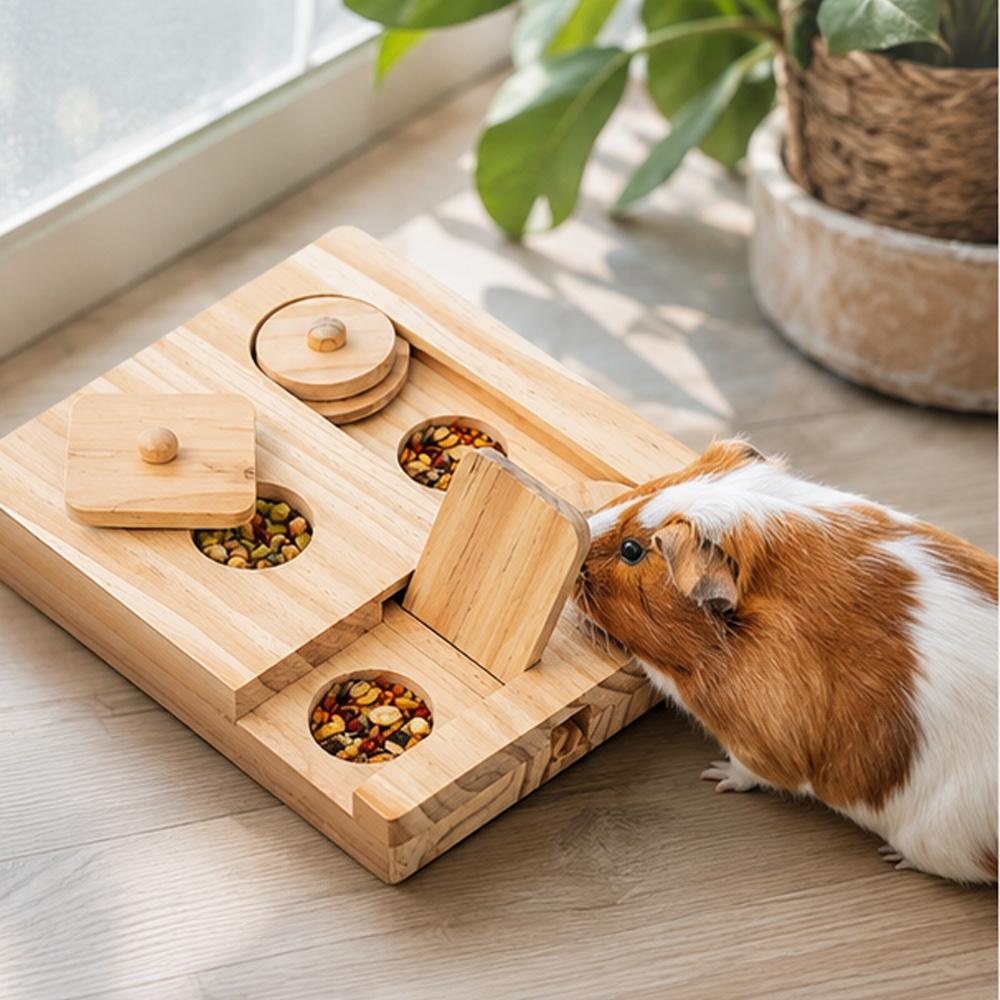 Holz-Meerschweinchen-Futterspielzeug Interaktiver Futterautomat-Puzzle für Kleintiere Hamster-Beschäftigung Versteckspiel Haustierbedarf