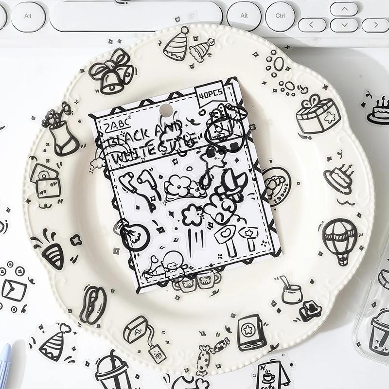 40Pcs Black Cute Stickers PET Scrapbooking Journal Decor Sticker Aesthetic for Phone Case Album Planner Kawaii Gift