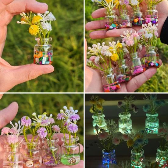 4 Pcs Mini Glass Vases Set Faux Flowers in Glass Vases Glow in The Dark Flower Vases for Desktops Car Dashboard Decor