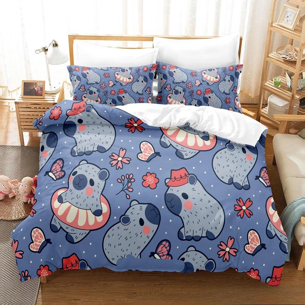 Kawaii Capybaras Sengetøy Sett Enkelt Twin Full Queen King Size Sengesett Aldult Barn Soverom Dynetrekk Sett 3D sengetøy sett