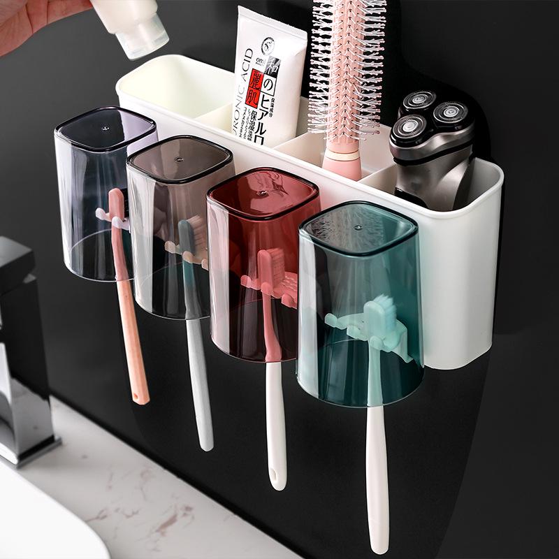 Wall-Mounted Multi-Toothbrush Holder with Punch-Free Base and Toothpaste Storage