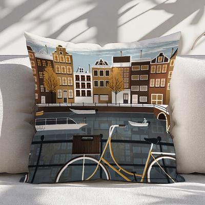 Decorative Amsterdam Canal View Throw Pillow Cover Dutch Cityscape Travel Art Print Cushion Square Home Decor Gift Aesthetic Wal
