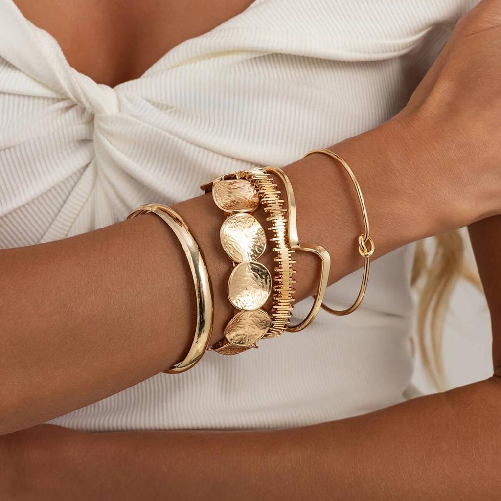 Salircon 5 Pcs/Set Creative Metal Knot Irregular Open Bangles Lady Vintage Gold Color Stackable Layering Charm Bracelet Jewelry